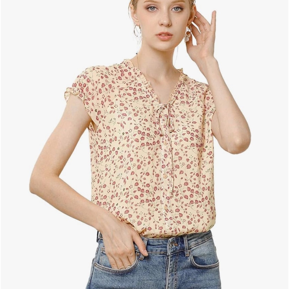 Allegra K chiffon lined floral blouse with short cap sleeve & ruffled collar XL